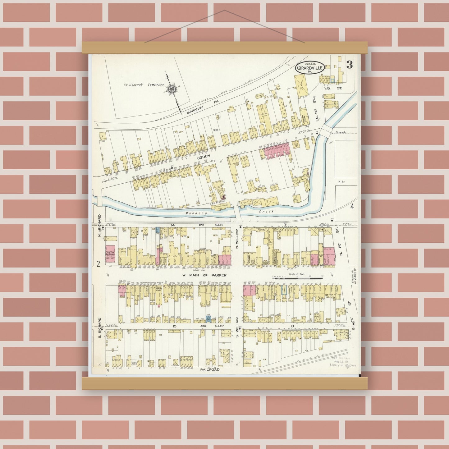 Old map wall art mockup — magnetic wood frame on brick wall — Sanborn Fire Insurance Map from Girardsville, Schuylkill County, Pennsylvania (1913), Sheet #0003