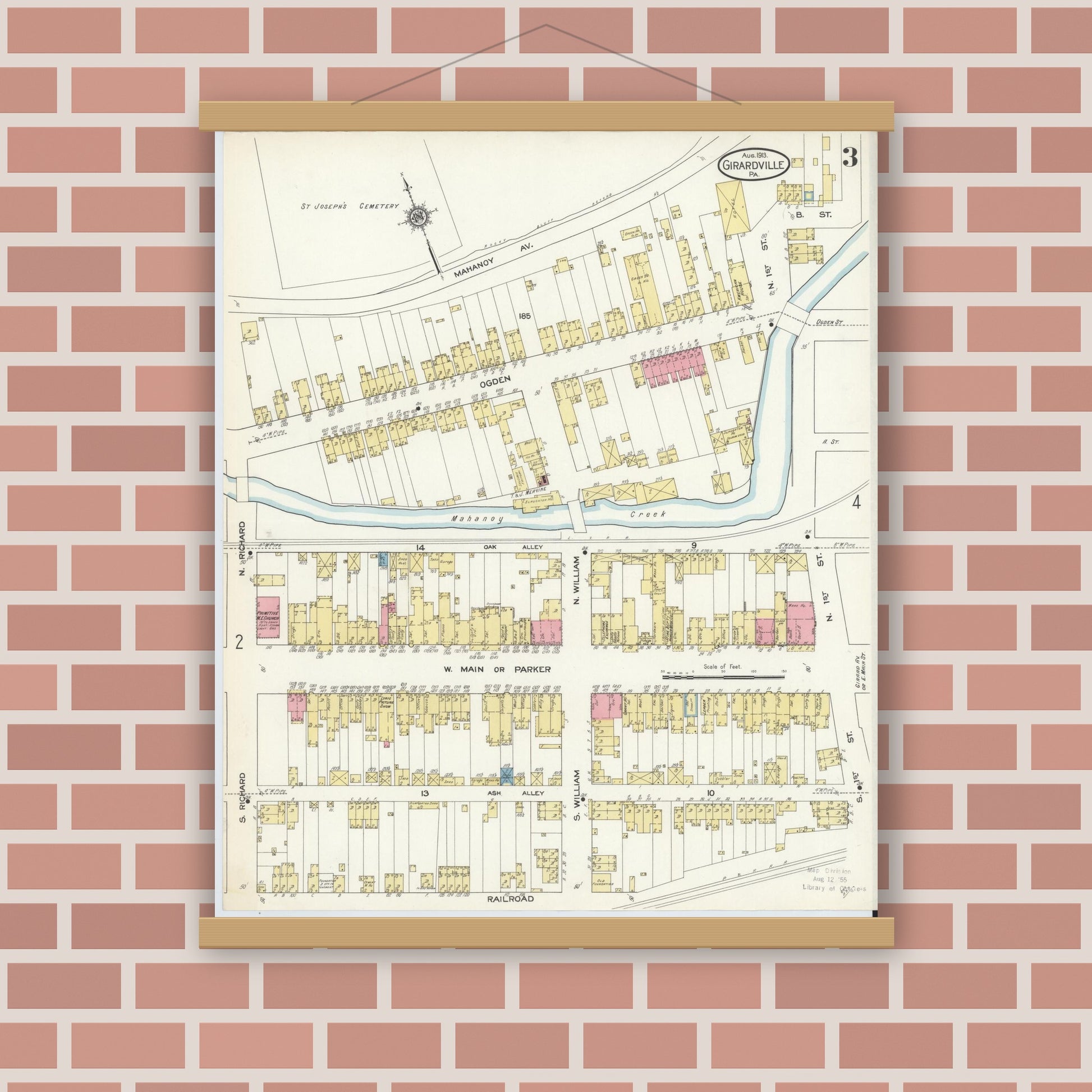 Old map wall art mockup — magnetic wood frame on brick wall — Sanborn Fire Insurance Map from Girardsville, Schuylkill County, Pennsylvania (1913), Sheet #0003