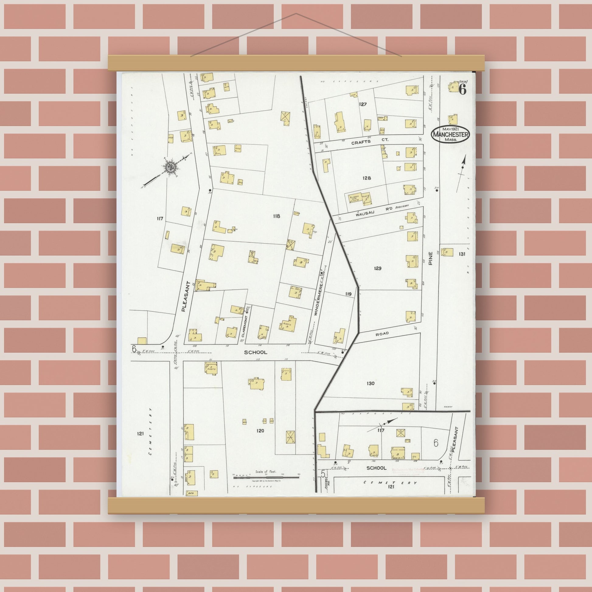 Old map wall art mockup — magnetic wood frame on brick wall — Sanborn Fire Insurance Map from Manchester, Essex County, Massachusetts (1921), Sheet #0006
