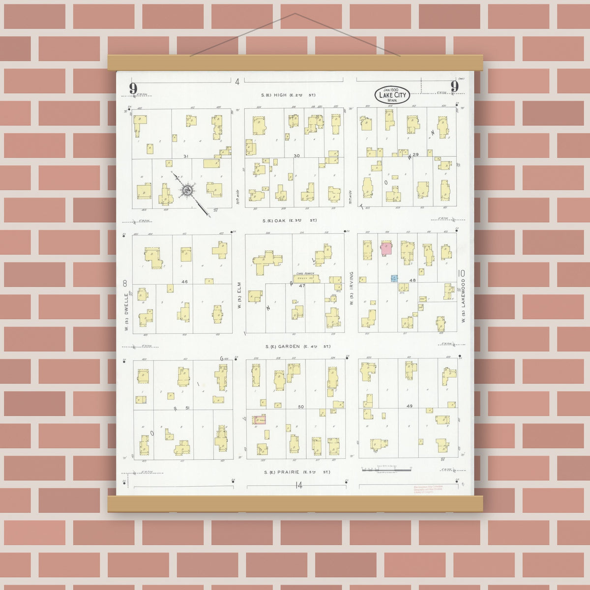 Old map wall art mockup — magnetic wood frame on brick wall — Sanborn Fire Insurance Map from Lake City, Wabasha County, Minnesota (1930), Sheet #0009