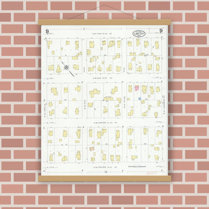 Old map wall art mockup — magnetic wood frame on brick wall — Sanborn Fire Insurance Map from Lake City, Wabasha County, Minnesota (1930), Sheet #0009