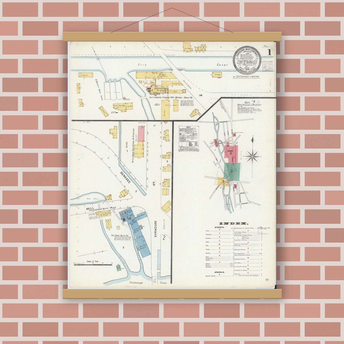 Old map wall art mockup — magnetic wood frame on brick wall — Sanborn Fire Insurance Map from Chittenango, Madison County, New York (1906) - Complete Map Set
