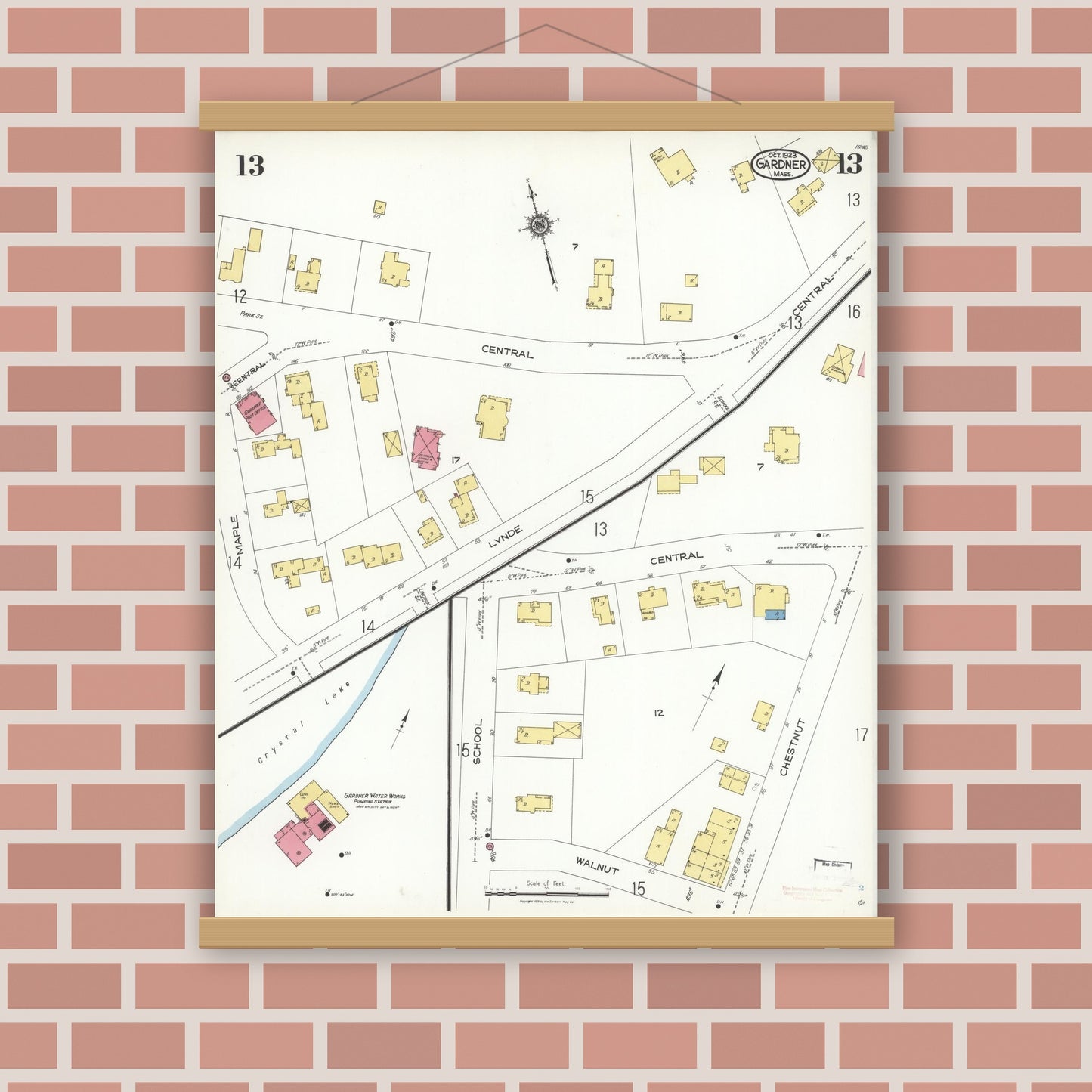 Old map wall art mockup — magnetic wood frame on brick wall — Sanborn Fire Insurance Map from Gardner, Worcester County, Massachusetts (1923), Sheet #0013