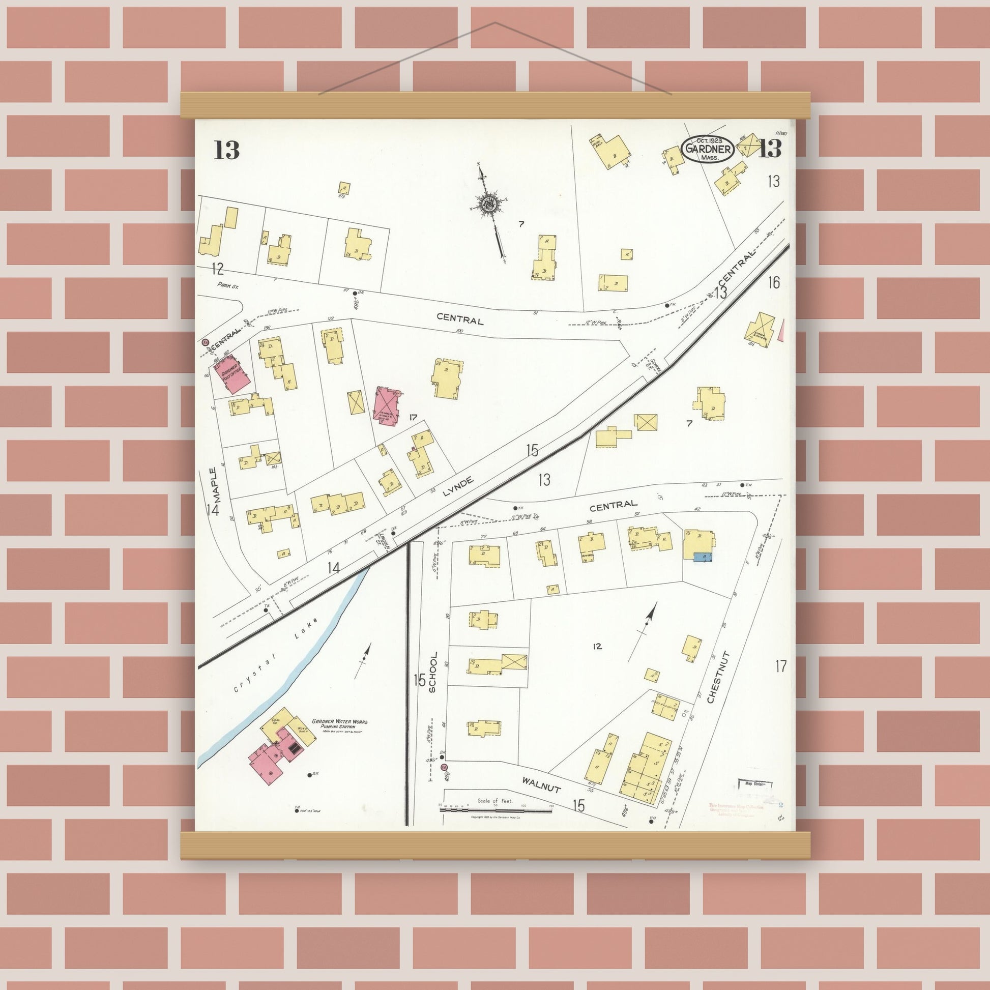 Old map wall art mockup — magnetic wood frame on brick wall — Sanborn Fire Insurance Map from Gardner, Worcester County, Massachusetts (1923), Sheet #0013