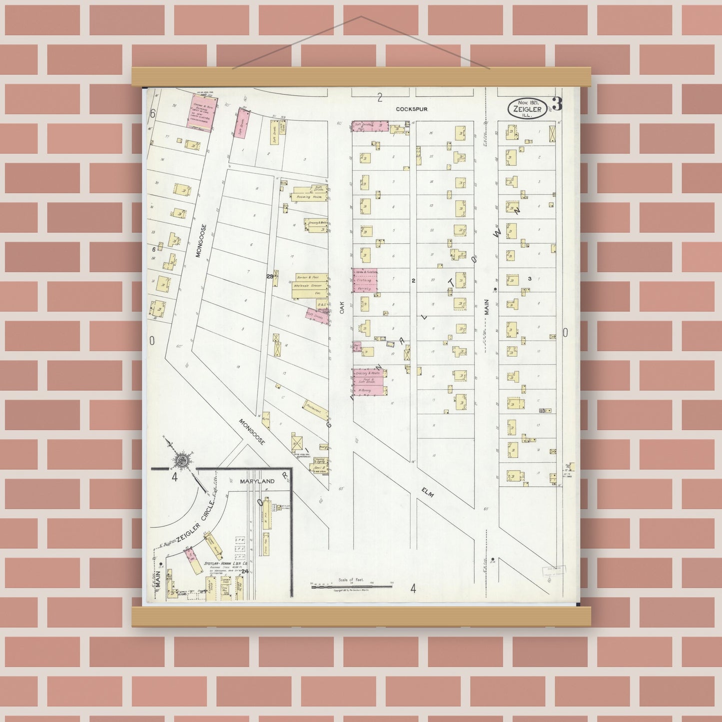 Old map wall art mockup — magnetic wood frame on brick wall — Sanborn Fire Insurance Map from Zeigler, Franklin County, Illinois (1921), Sheet #0003
