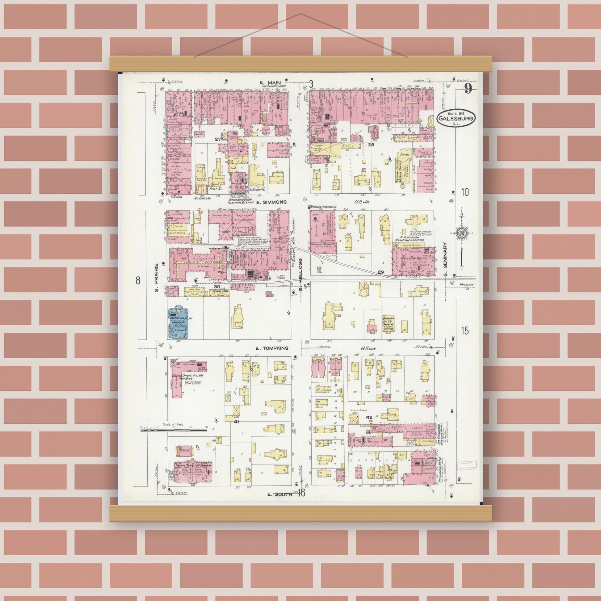 Old map wall art mockup — magnetic wood frame on brick wall — Sanborn Fire Insurance Map from Galesburg, Knox County, Illinois (1911), Sheet #0009