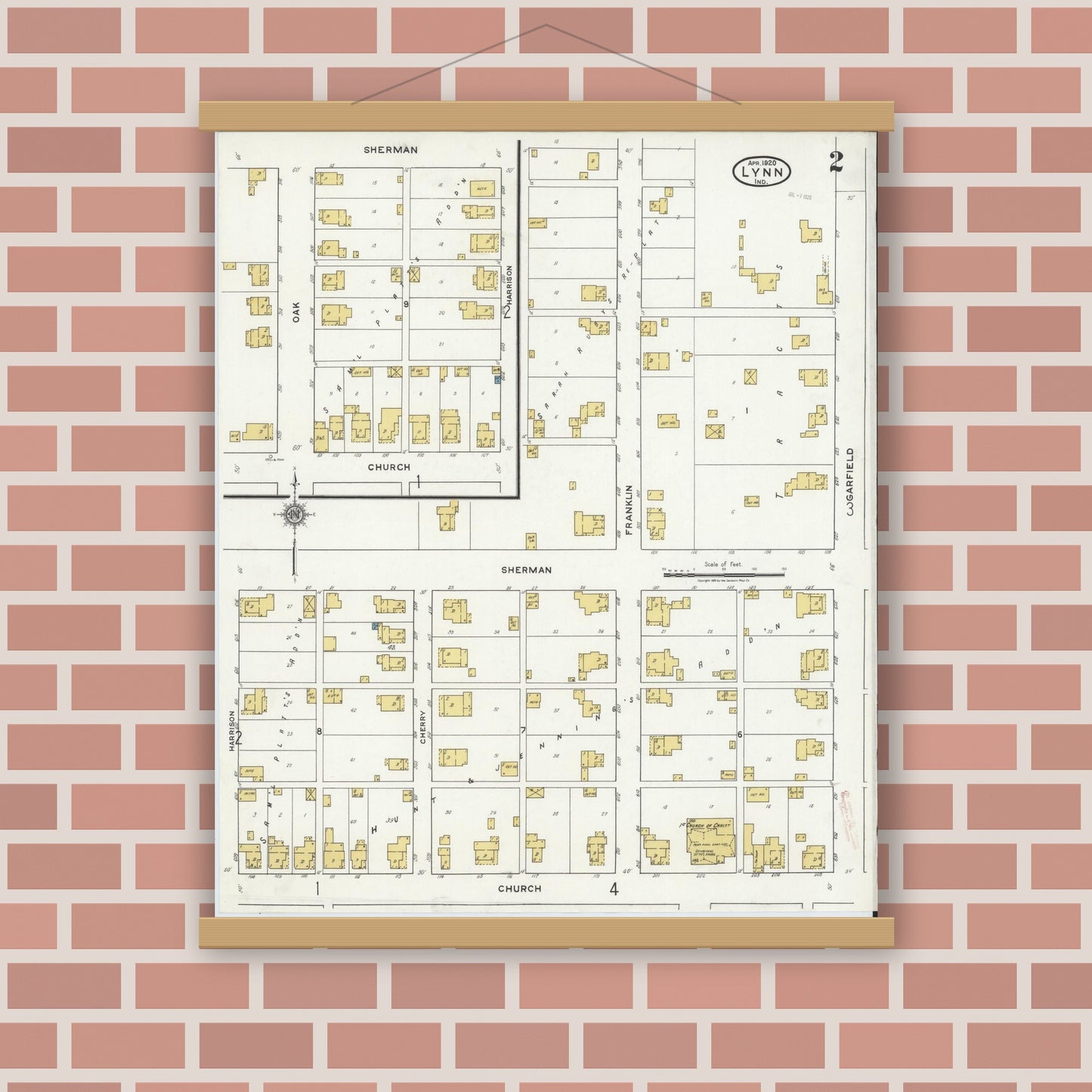 Old map wall art mockup — magnetic wood frame on brick wall — Sanborn Fire Insurance Map from Lynn, Randolph County, Indiana (1920), Sheet #0002
