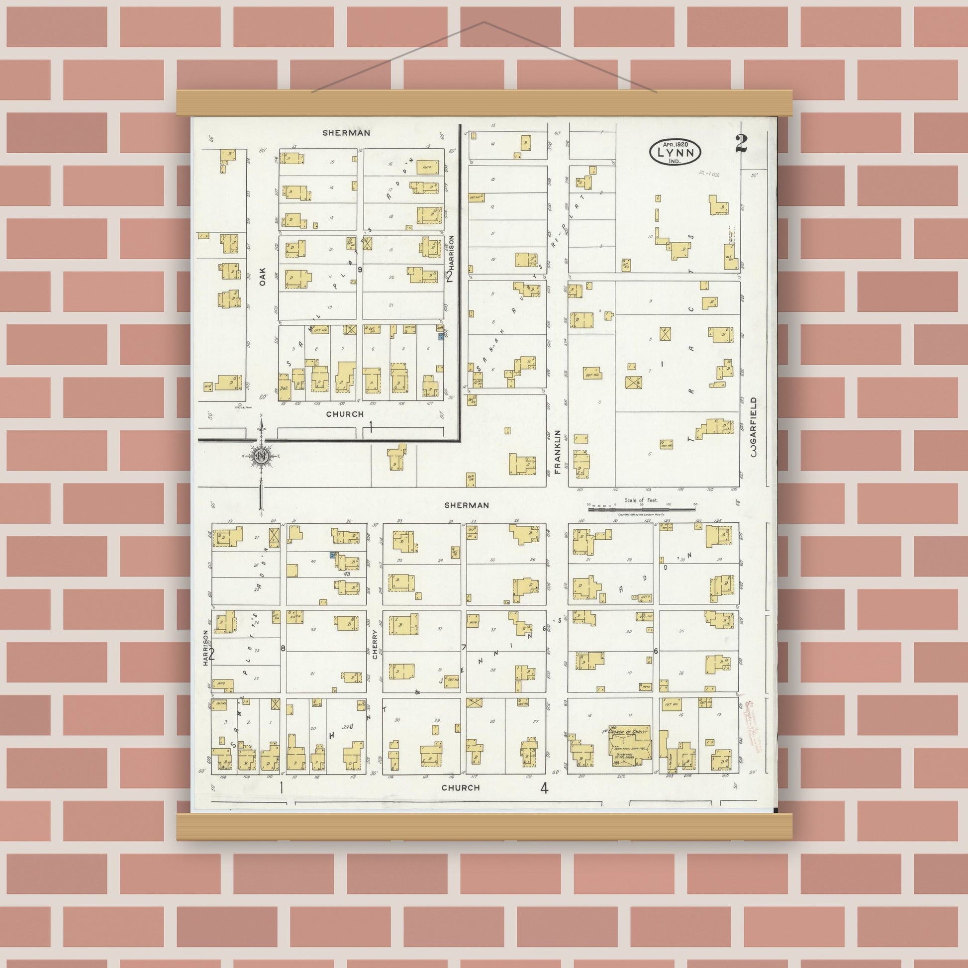 Old map wall art mockup — magnetic wood frame on brick wall — Sanborn Fire Insurance Map from Lynn, Randolph County, Indiana (1920), Sheet #0002