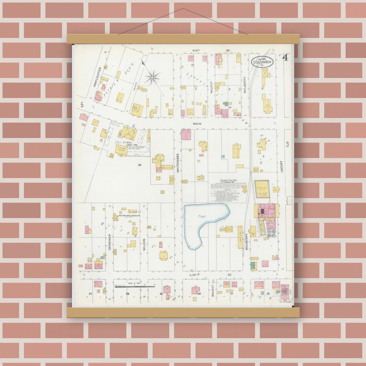 Old map wall art mockup — magnetic wood frame on brick wall — Sanborn Fire Insurance Map from Columbia, Monroe County, Illinois (1906), Sheet #0004
