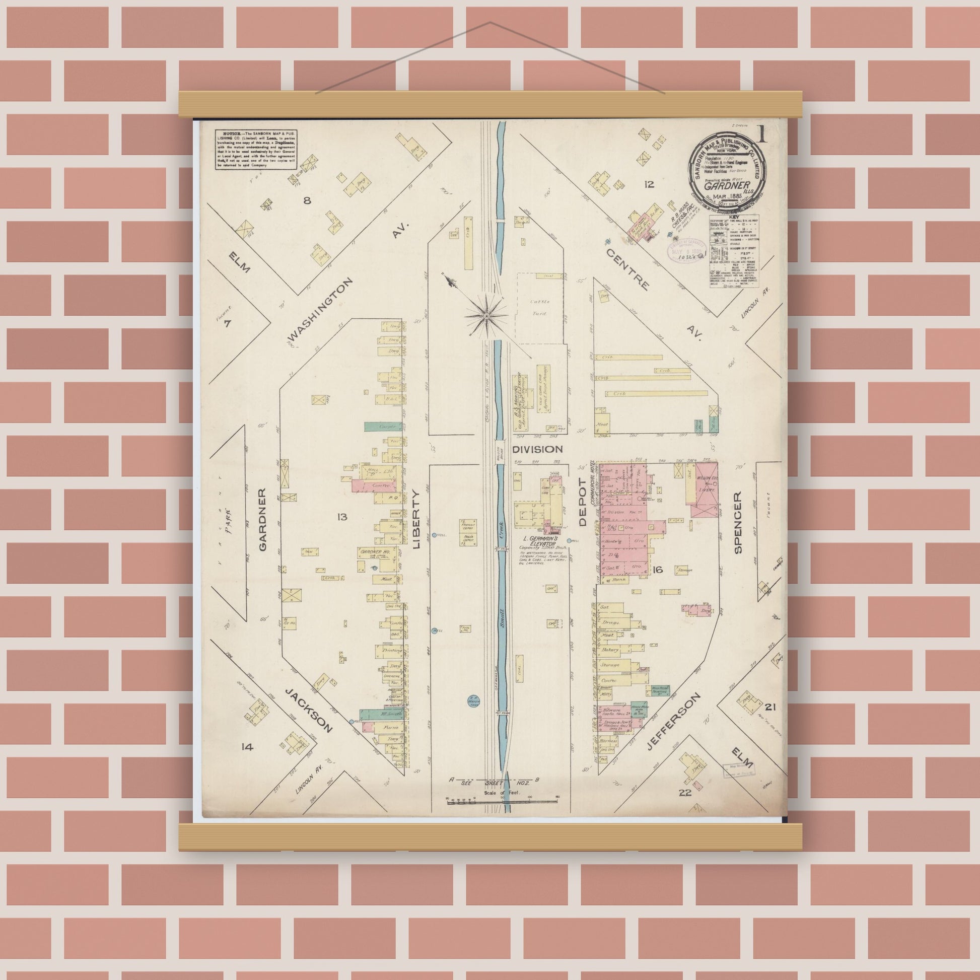 Old map wall art mockup — magnetic wood frame on brick wall — Sanborn Fire Insurance Map from Gardner, Grundy County, Illinois (1885) - Complete Map Set