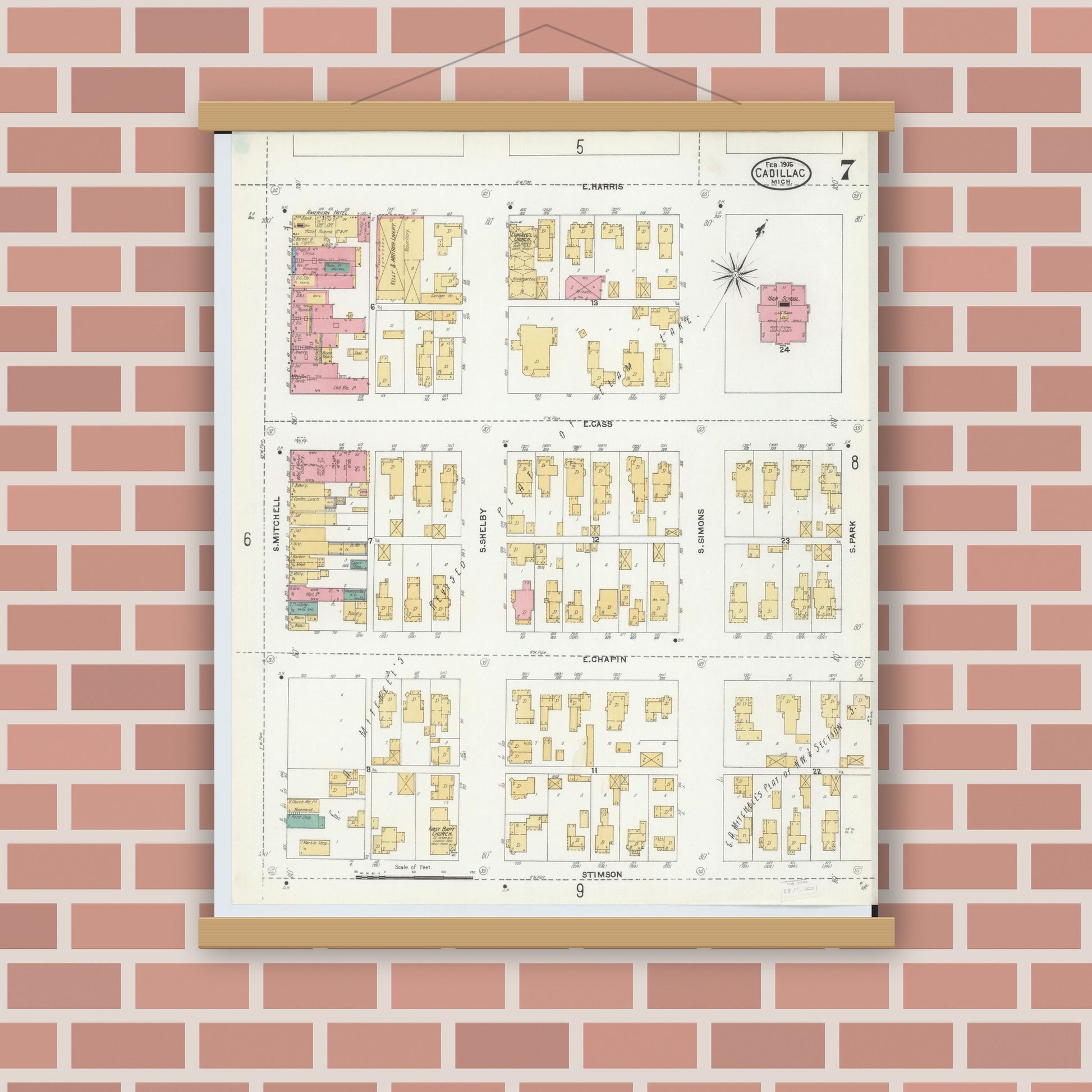 Old map wall art mockup — magnetic wood frame on brick wall — Sanborn Fire Insurance Map from Cadillac, Wexford County, Michigan (1906), Sheet #0007