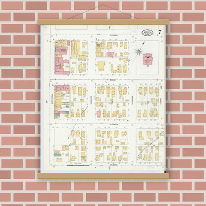 Old map wall art mockup — magnetic wood frame on brick wall — Sanborn Fire Insurance Map from Cadillac, Wexford County, Michigan (1906), Sheet #0007