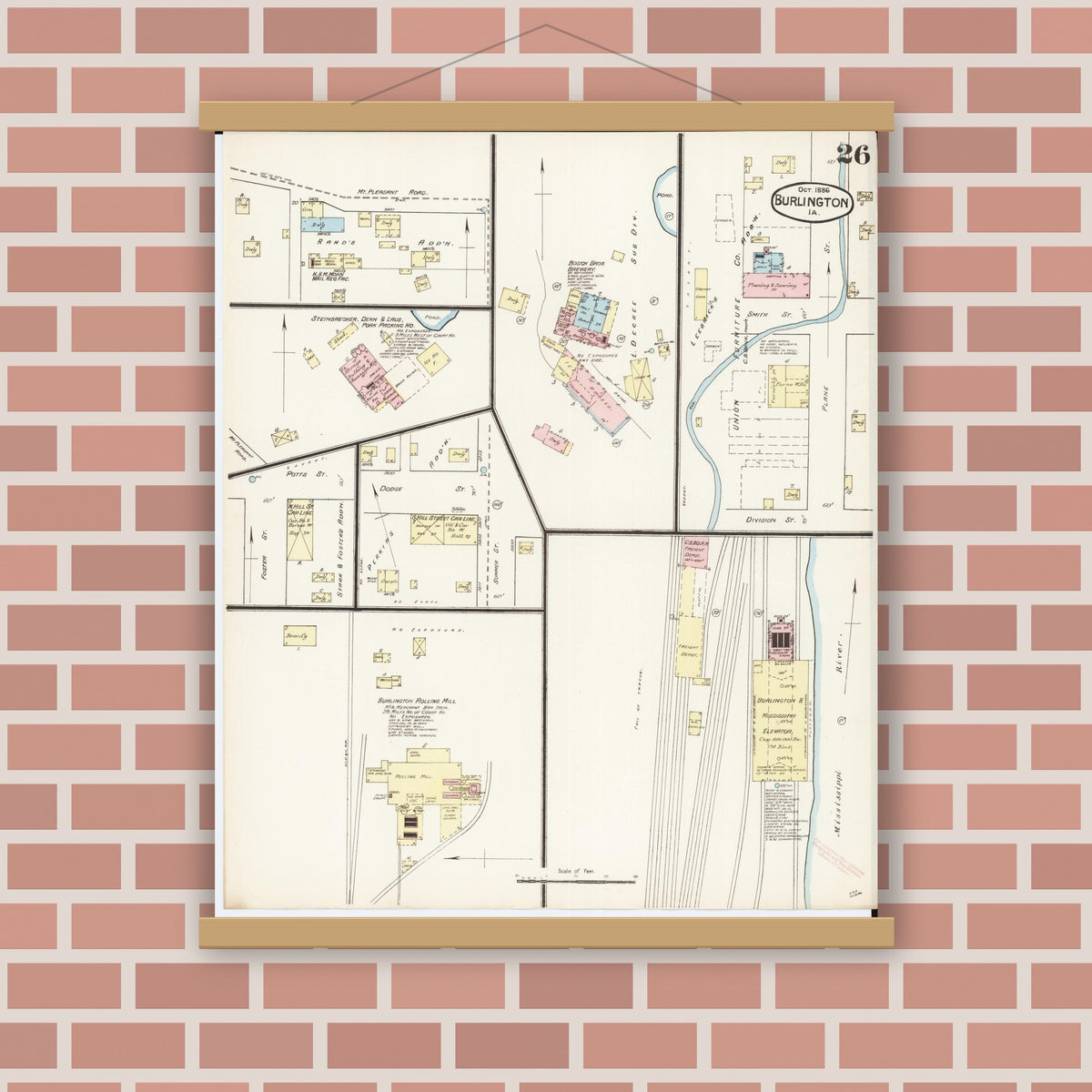 Old map wall art mockup — magnetic wood frame on brick wall — Sanborn Fire Insurance Map from Burlington, Des Moines County, Iowa (1888), Sheet #0026