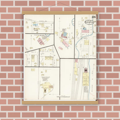 Old map wall art mockup — magnetic wood frame on brick wall — Sanborn Fire Insurance Map from Burlington, Des Moines County, Iowa (1888), Sheet #0026