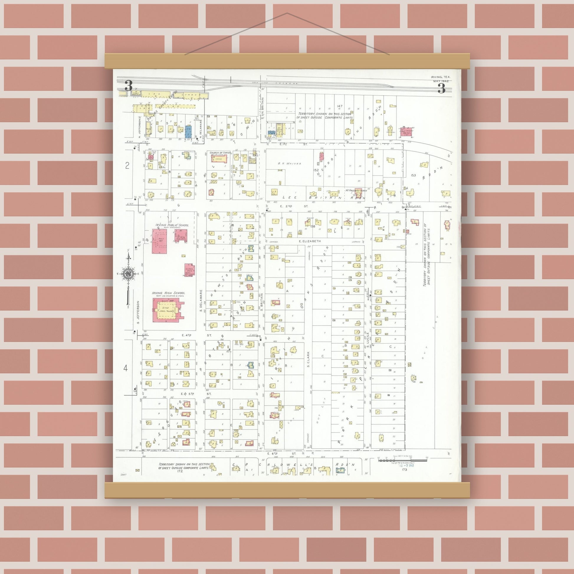 Old map wall art mockup — magnetic wood frame on brick wall — Sanborn Fire Insurance Map from Irving, Dallas County, Texas (1942), Sheet #0003