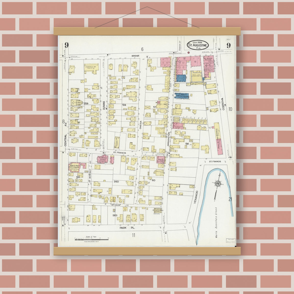 Old map wall art mockup — magnetic wood frame on brick wall — Sanborn Fire Insurance Map from Saint Augustine, Saint John's County, Florida (1924), Sheet #0009