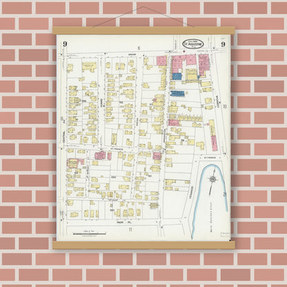 Old map wall art mockup — magnetic wood frame on brick wall — Sanborn Fire Insurance Map from Saint Augustine, Saint John's County, Florida (1924), Sheet #0009