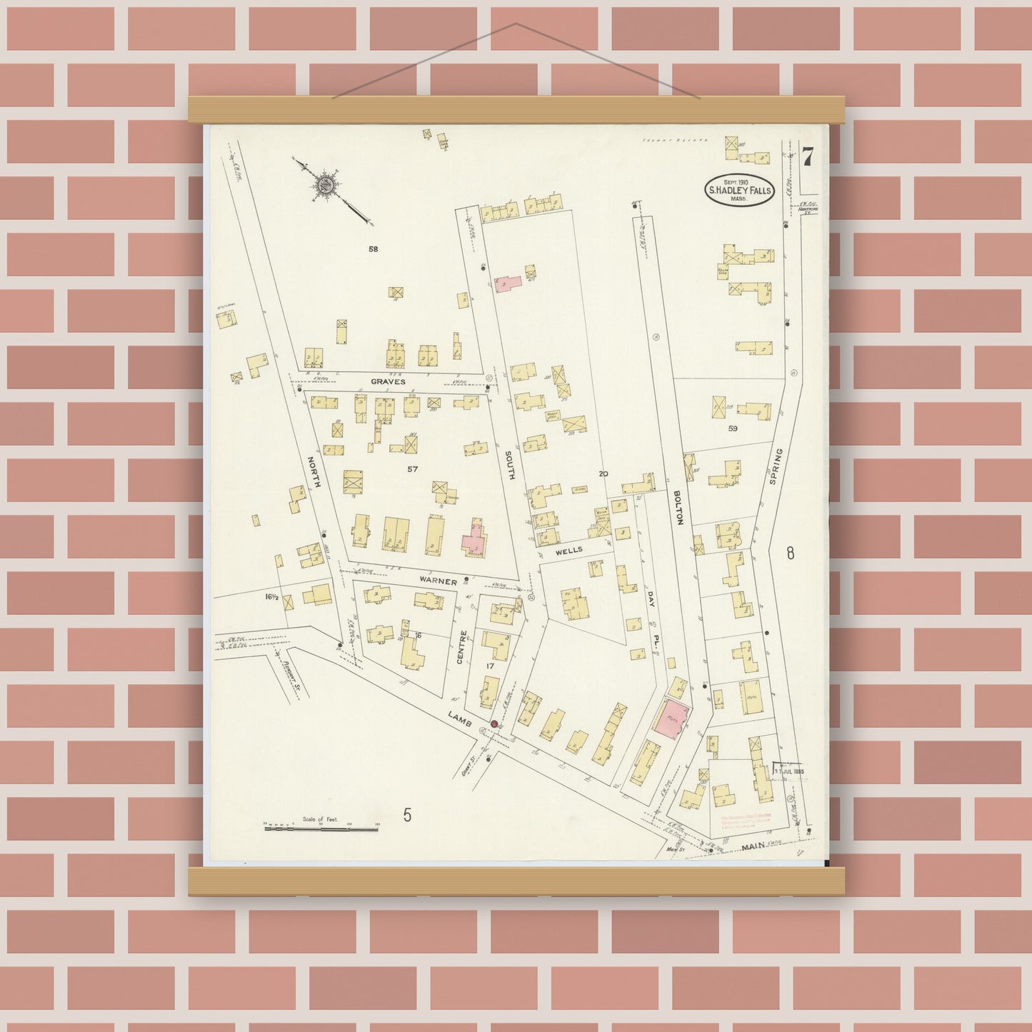 Old map wall art mockup — magnetic wood frame on brick wall — Sanborn Fire Insurance Map from South Hadley Falls, Hampshire County, Massachusetts (1910), Sheet #0007