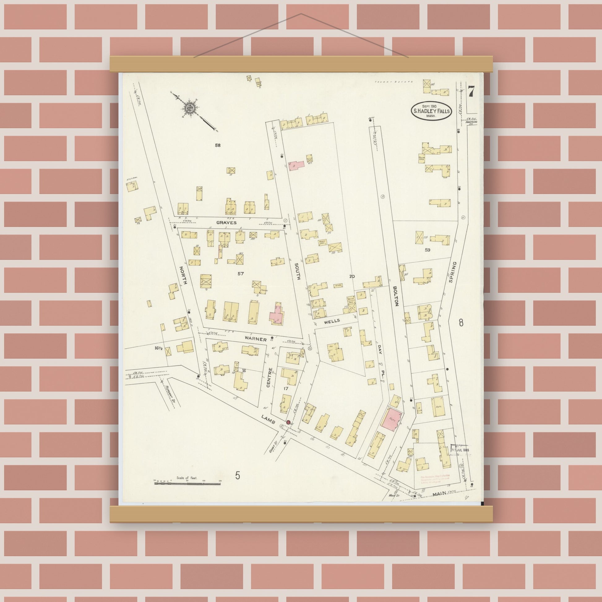 Old map wall art mockup — magnetic wood frame on brick wall — Sanborn Fire Insurance Map from South Hadley Falls, Hampshire County, Massachusetts (1910), Sheet #0007