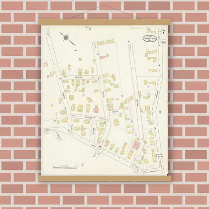 Old map wall art mockup — magnetic wood frame on brick wall — Sanborn Fire Insurance Map from South Hadley Falls, Hampshire County, Massachusetts (1910), Sheet #0007