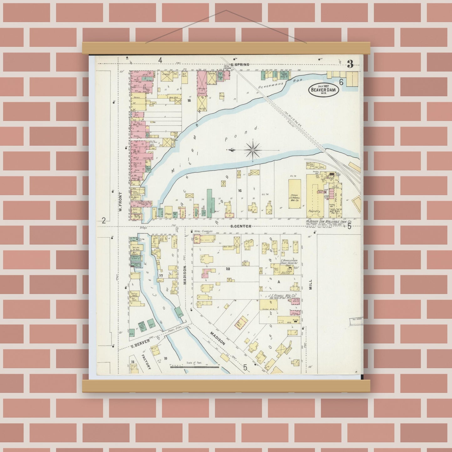 Old map wall art mockup — magnetic wood frame on brick wall — Sanborn Fire Insurance Map from Beaver Dam, Dodge County, Wisconsin (1897), Sheet #0003
