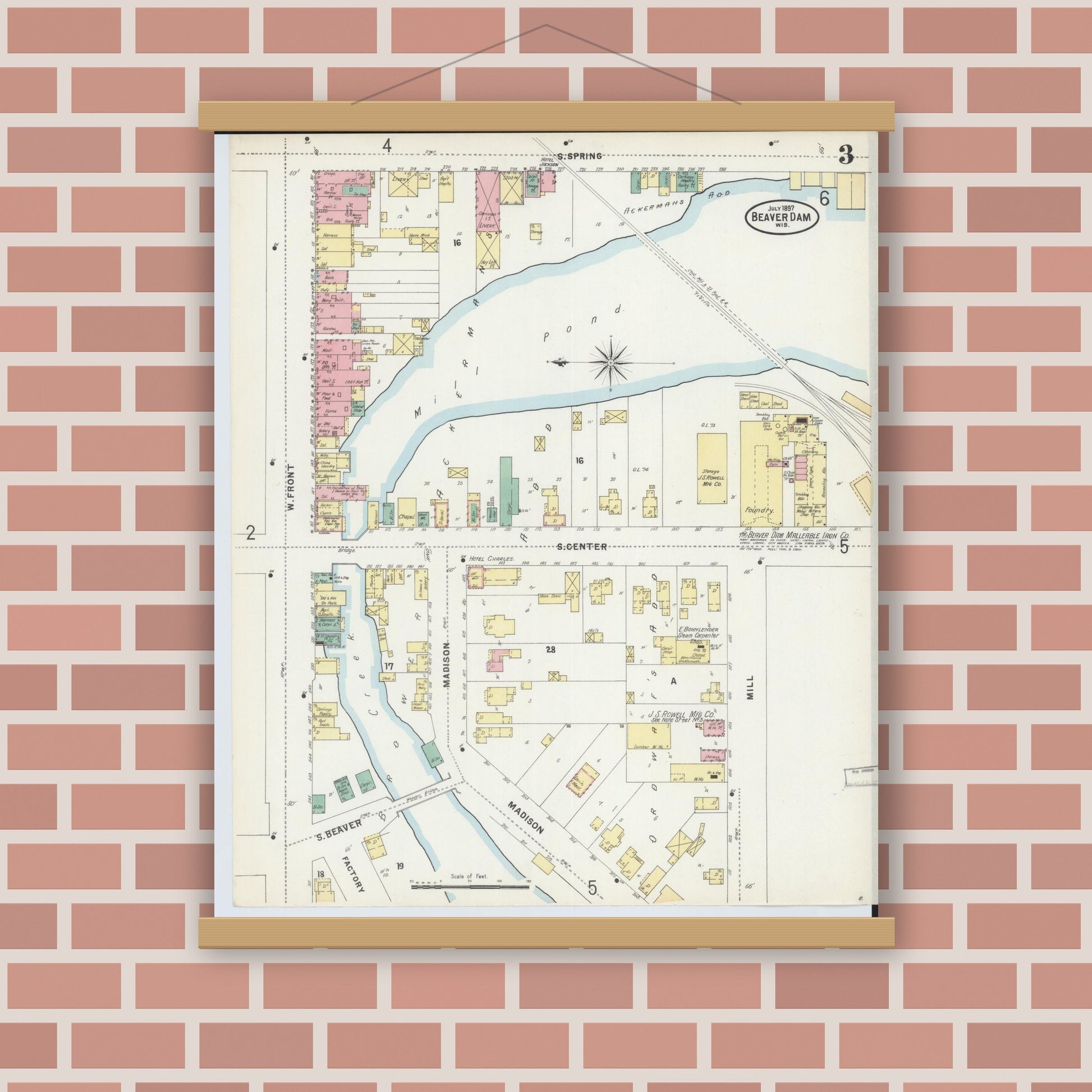 Old map wall art mockup — magnetic wood frame on brick wall — Sanborn Fire Insurance Map from Beaver Dam, Dodge County, Wisconsin (1897), Sheet #0003