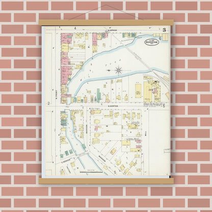 Old map wall art mockup — magnetic wood frame on brick wall — Sanborn Fire Insurance Map from Beaver Dam, Dodge County, Wisconsin (1897), Sheet #0003
