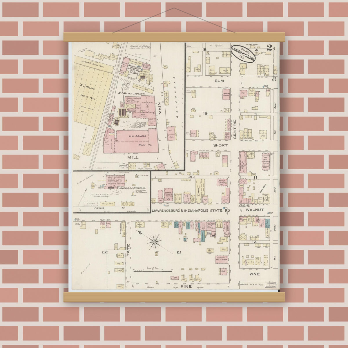 Old map wall art mockup — magnetic wood frame on brick wall — Sanborn Fire Insurance Map from Lawrenceburg, Dearborn County, Indiana (1885), Sheet #0002