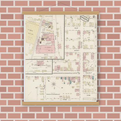Old map wall art mockup — magnetic wood frame on brick wall — Sanborn Fire Insurance Map from Lawrenceburg, Dearborn County, Indiana (1885), Sheet #0002