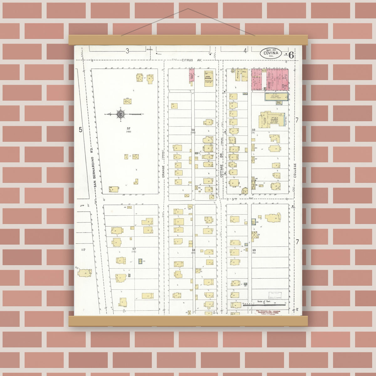 Old map wall art mockup — magnetic wood frame on brick wall — Sanborn Fire Insurance Map from Covina, Los Angeles County, California (1911), Sheet #0006