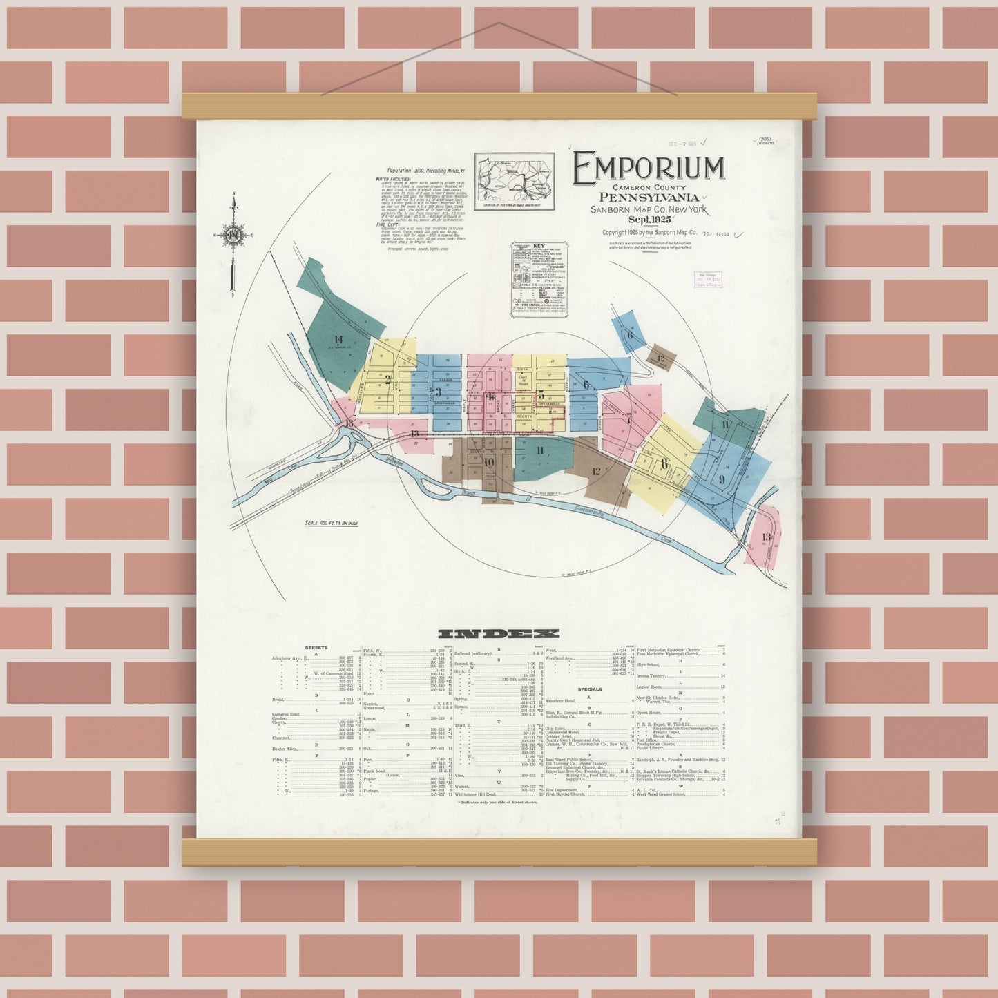 Old map wall art mockup — magnetic wood frame on brick wall — Sanborn Fire Insurance Map from Emporium, Cameron County, Pennsylvania (1925) - Complete Map Set