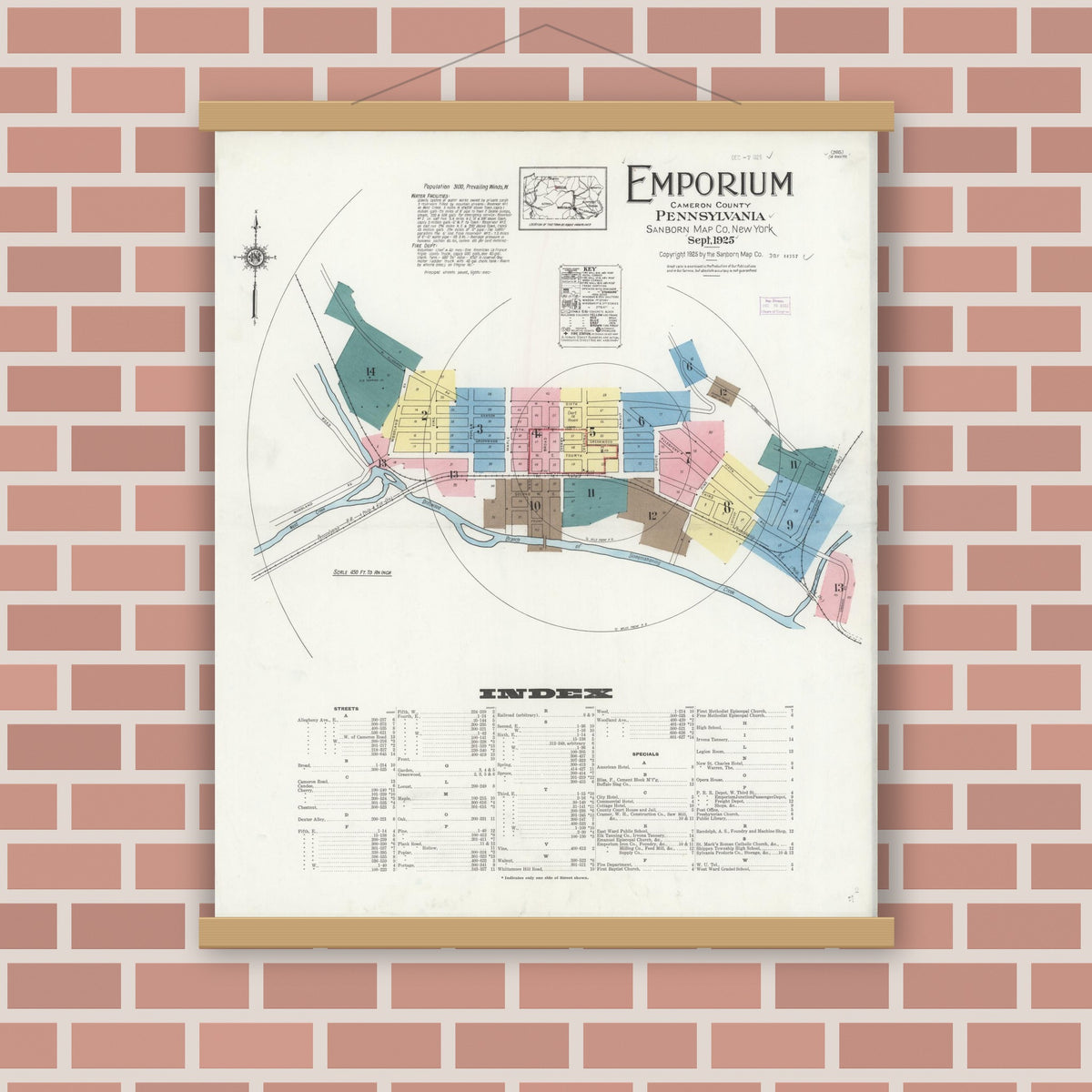 Old map wall art mockup — magnetic wood frame on brick wall — Sanborn Fire Insurance Map from Emporium, Cameron County, Pennsylvania (1925) - Complete Map Set
