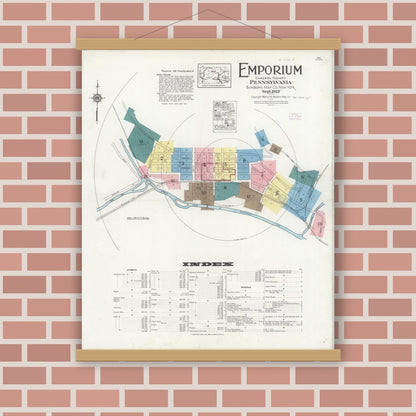 Old map wall art mockup — magnetic wood frame on brick wall — Sanborn Fire Insurance Map from Emporium, Cameron County, Pennsylvania (1925) - Complete Map Set
