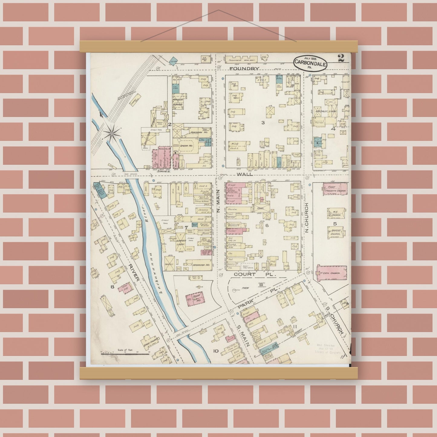 Old map wall art mockup — magnetic wood frame on brick wall — Sanborn Fire Insurance Map from Carbondale, Lackawanna County, Pennsylvania (1885), Sheet #0002