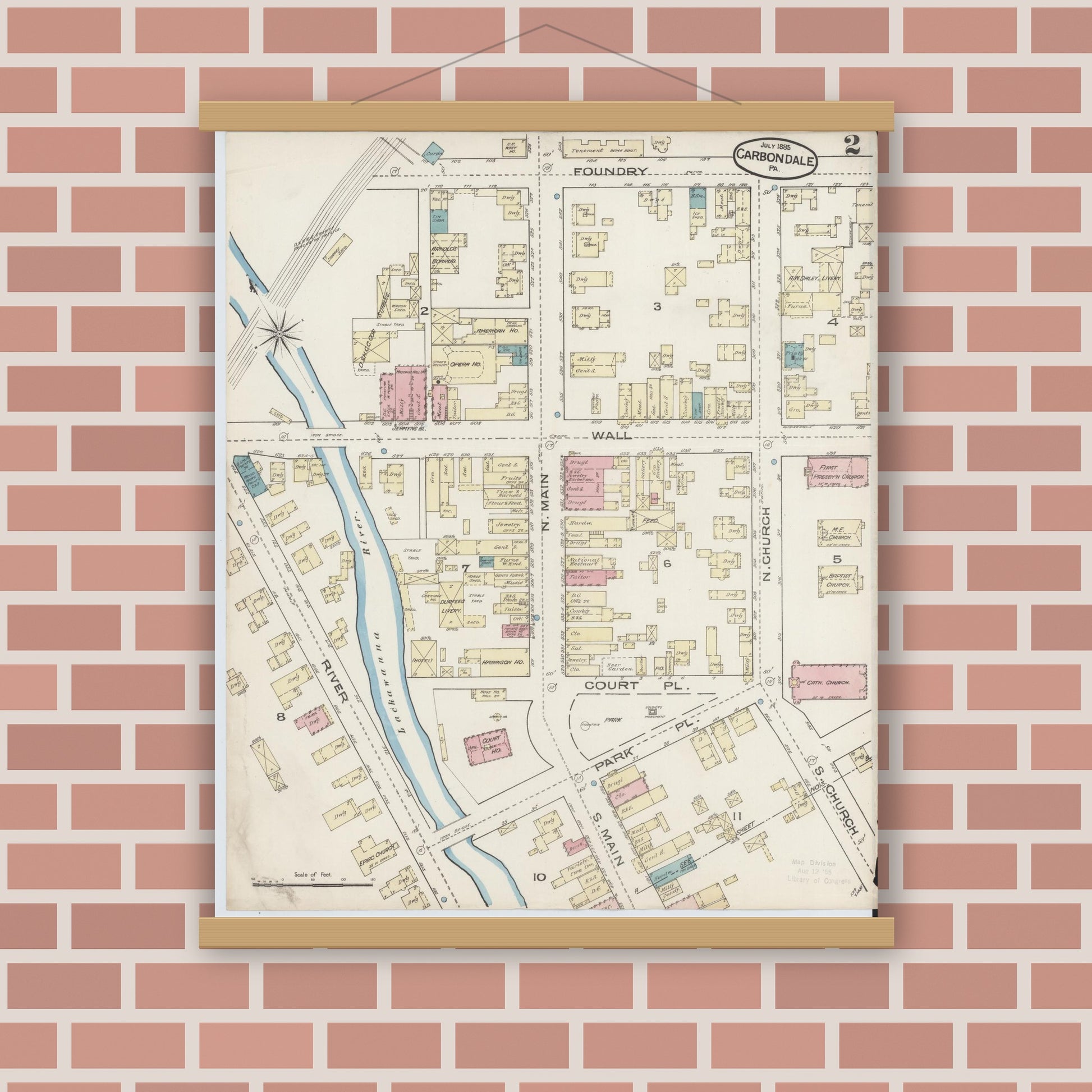 Old map wall art mockup — magnetic wood frame on brick wall — Sanborn Fire Insurance Map from Carbondale, Lackawanna County, Pennsylvania (1885), Sheet #0002
