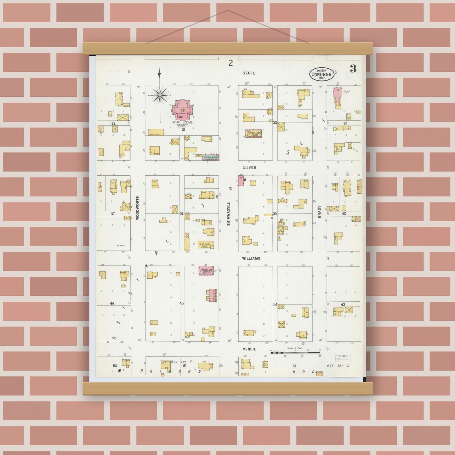 Old map wall art mockup — magnetic wood frame on brick wall — Sanborn Fire Insurance Map from Corunna, Shiawassee County, Michigan (1900), Sheet #0003