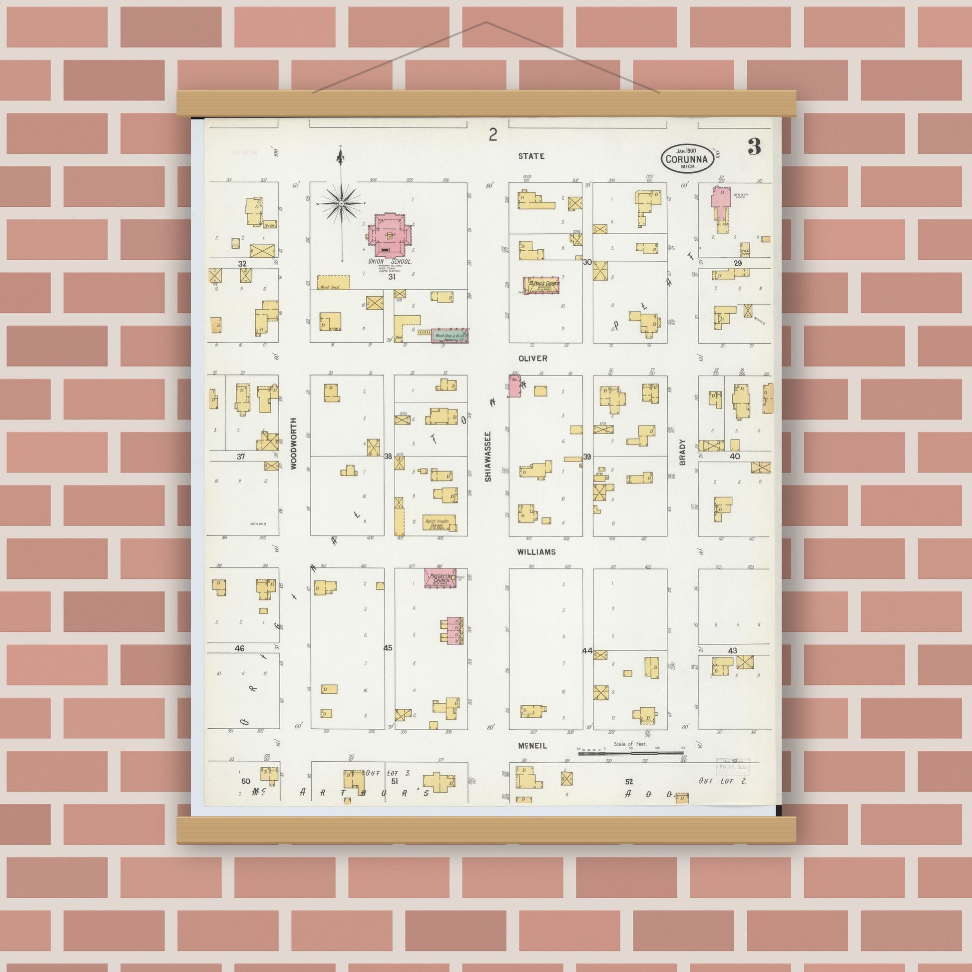 Old map wall art mockup — magnetic wood frame on brick wall — Sanborn Fire Insurance Map from Corunna, Shiawassee County, Michigan (1900), Sheet #0003