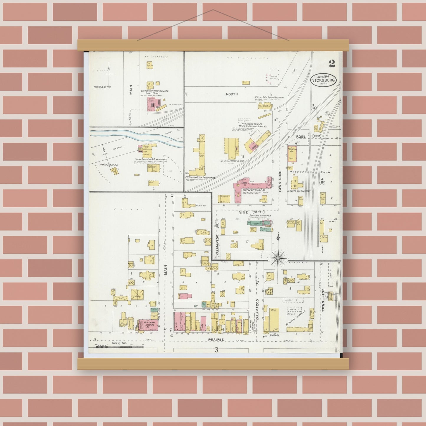 Old map wall art mockup — magnetic wood frame on brick wall — Sanborn Fire Insurance Map from Vicksburg, Kalamazoo County, Michigan (1904), Sheet #0002