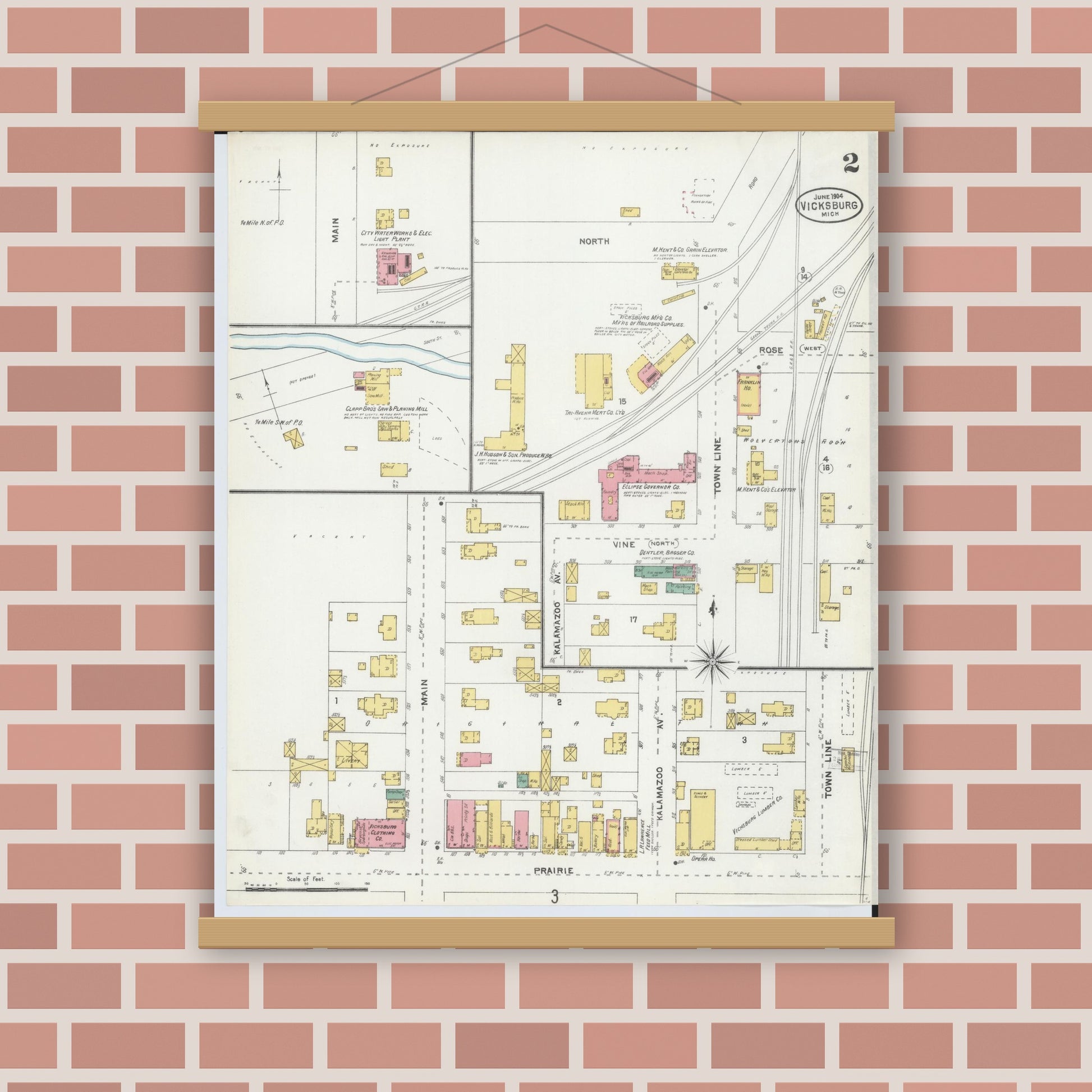 Old map wall art mockup — magnetic wood frame on brick wall — Sanborn Fire Insurance Map from Vicksburg, Kalamazoo County, Michigan (1904), Sheet #0002