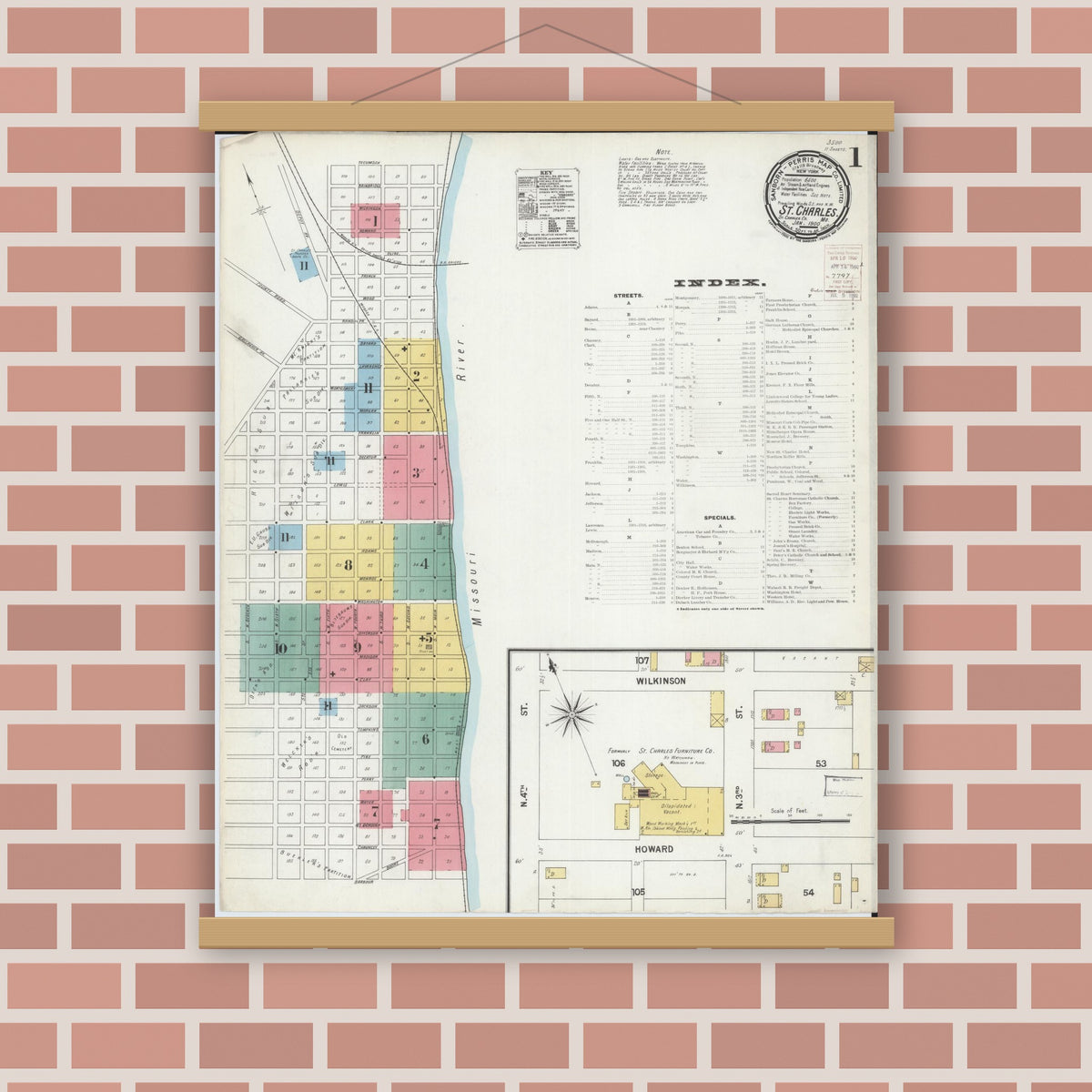 Old map wall art mockup — magnetic wood frame on brick wall — Sanborn Fire Insurance Map from Saint Charles, Saint Charles County, Missouri (1900) - Complete Map Set