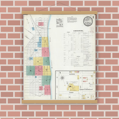 Old map wall art mockup — magnetic wood frame on brick wall — Sanborn Fire Insurance Map from Saint Charles, Saint Charles County, Missouri (1900) - Complete Map Set