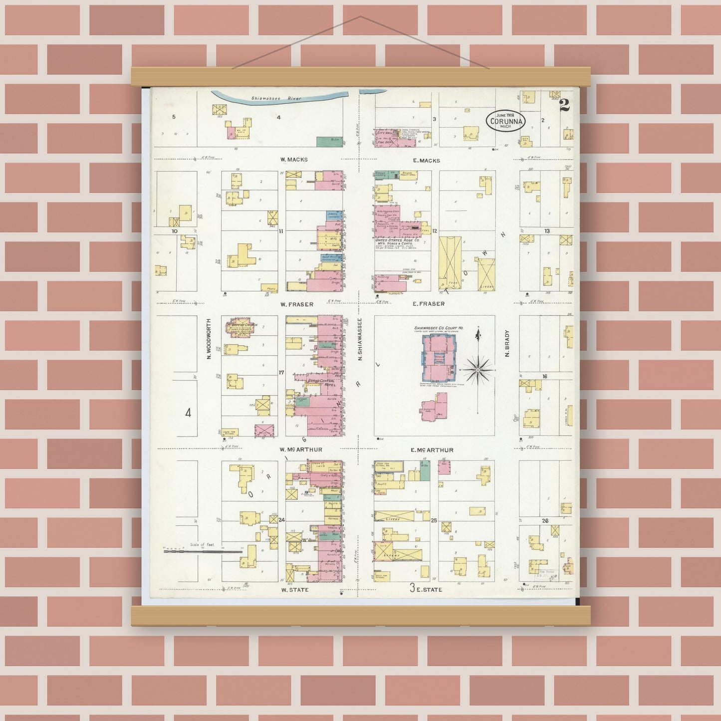 Old map wall art mockup — magnetic wood frame on brick wall — Sanborn Fire Insurance Map from Corunna, Shiawassee County, Michigan (1908), Sheet #0002