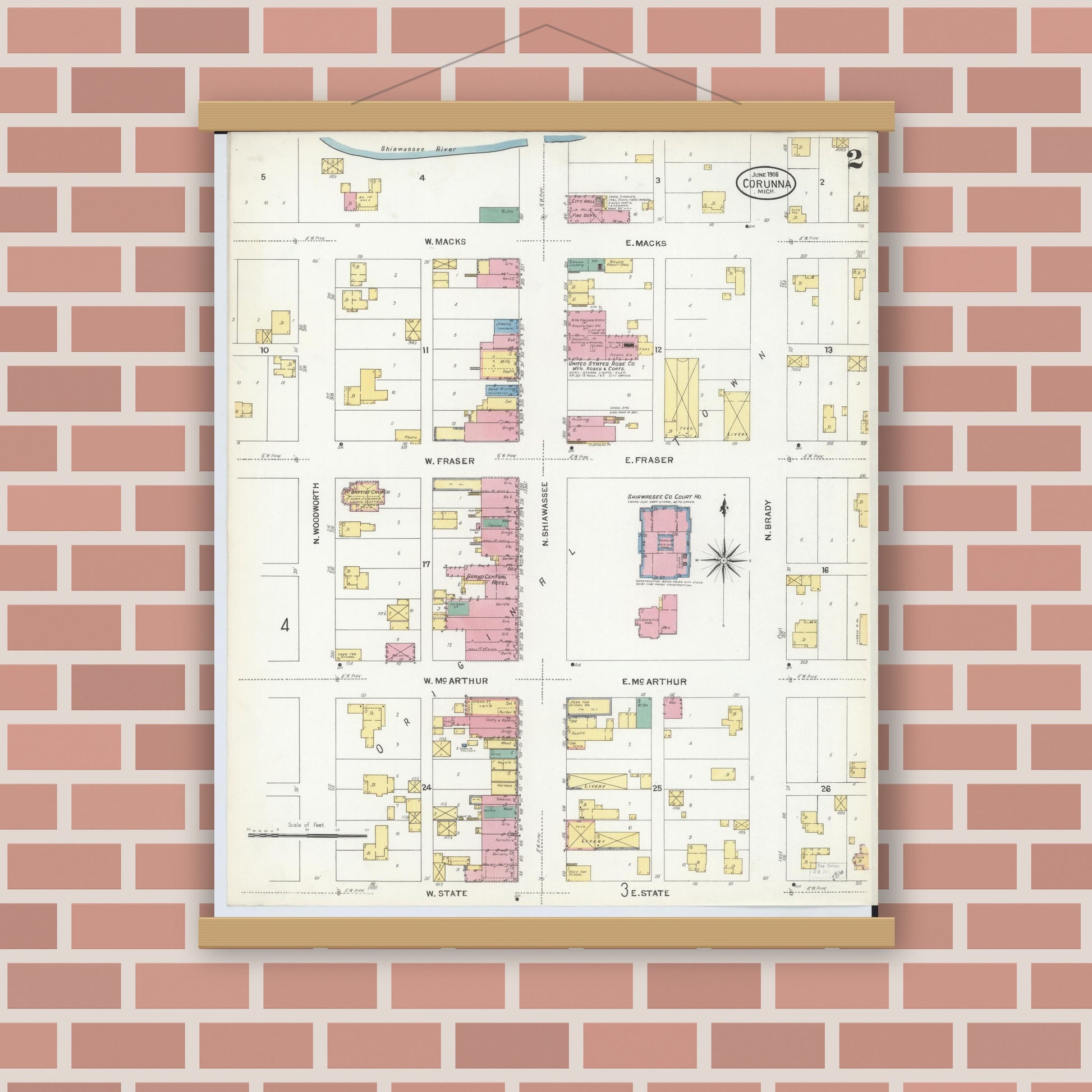 Old map wall art mockup — magnetic wood frame on brick wall — Sanborn Fire Insurance Map from Corunna, Shiawassee County, Michigan (1908), Sheet #0002