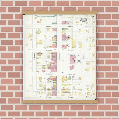 Old map wall art mockup — magnetic wood frame on brick wall — Sanborn Fire Insurance Map from Corunna, Shiawassee County, Michigan (1908), Sheet #0002