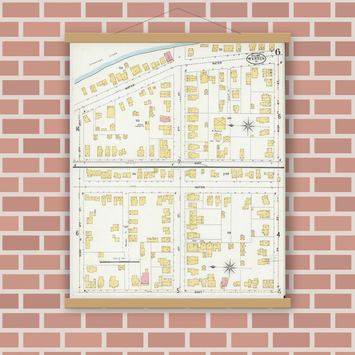 Old map wall art mockup — magnetic wood frame on brick wall — Sanborn Fire Insurance Map from Warren, Warren County, Pennsylvania (1904), Sheet #0006