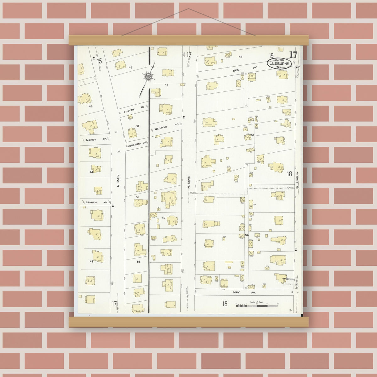 Old map wall art mockup — magnetic wood frame on brick wall — Sanborn Fire Insurance Map from Cleburne, Johnson County, Texas (1910), Sheet #0017