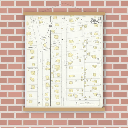 Old map wall art mockup — magnetic wood frame on brick wall — Sanborn Fire Insurance Map from Cleburne, Johnson County, Texas (1910), Sheet #0017