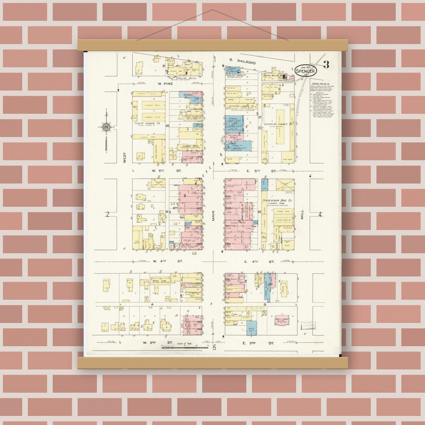 Old map wall art mockup — magnetic wood frame on brick wall — Sanborn Fire Insurance Map from Spencer, Clay County, Iowa (1915), Sheet #0003