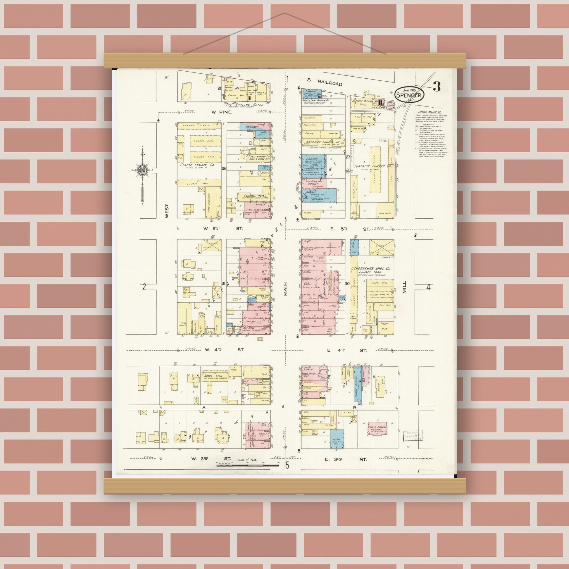 Old map wall art mockup — magnetic wood frame on brick wall — Sanborn Fire Insurance Map from Spencer, Clay County, Iowa (1915), Sheet #0003