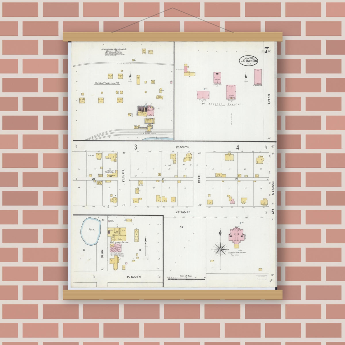 Old map wall art mockup — magnetic wood frame on brick wall — Sanborn Fire Insurance Map from Lebanon, Saint Clair County, Illinois (1906), Sheet #0007
